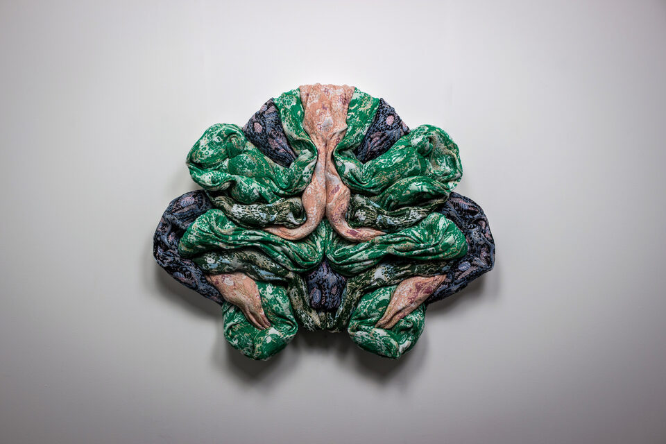 The artwork Andetag no. 15, textile sculpture in spotlight.