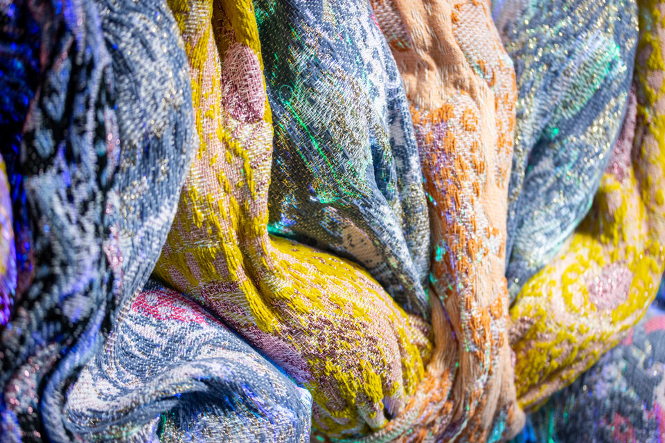 Close-up of the artwork Andetag no. 20, woven structure in optical fibre textile.