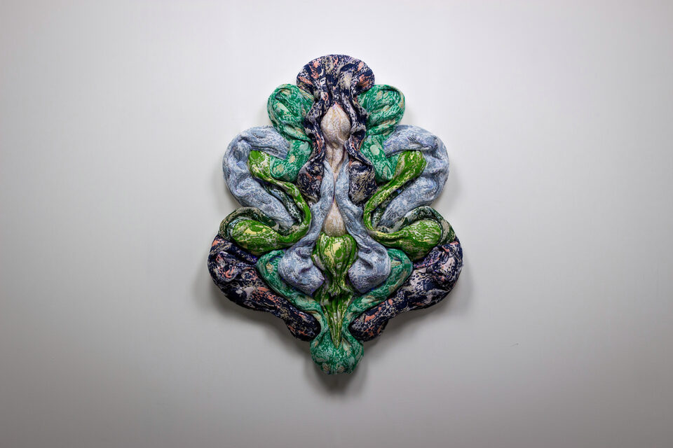 The artwork Andetag no. 23, textile sculpture in spotlight.