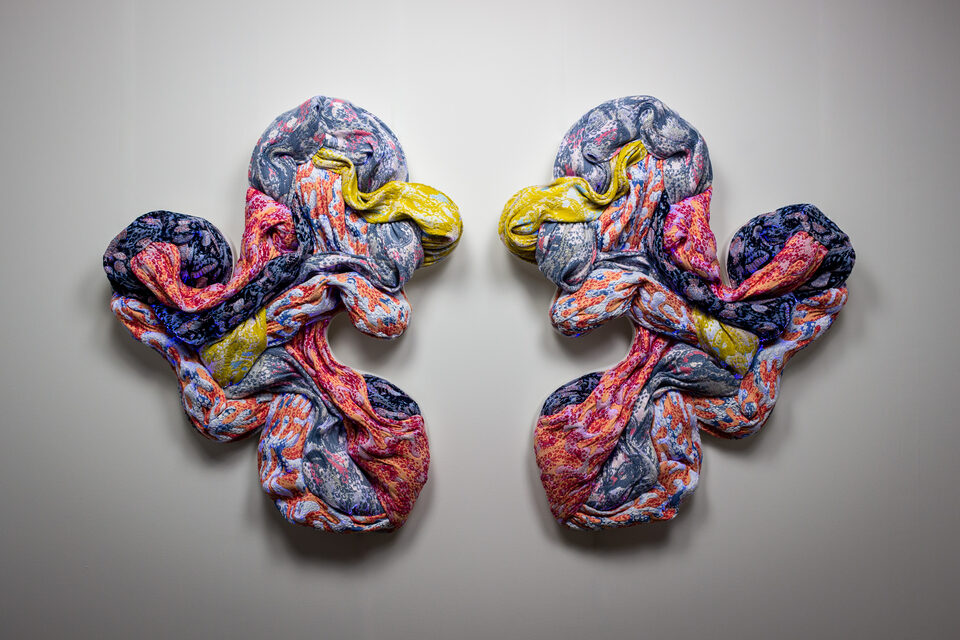 The artwork Andetag no. 3, textile sculpture in spotlight.