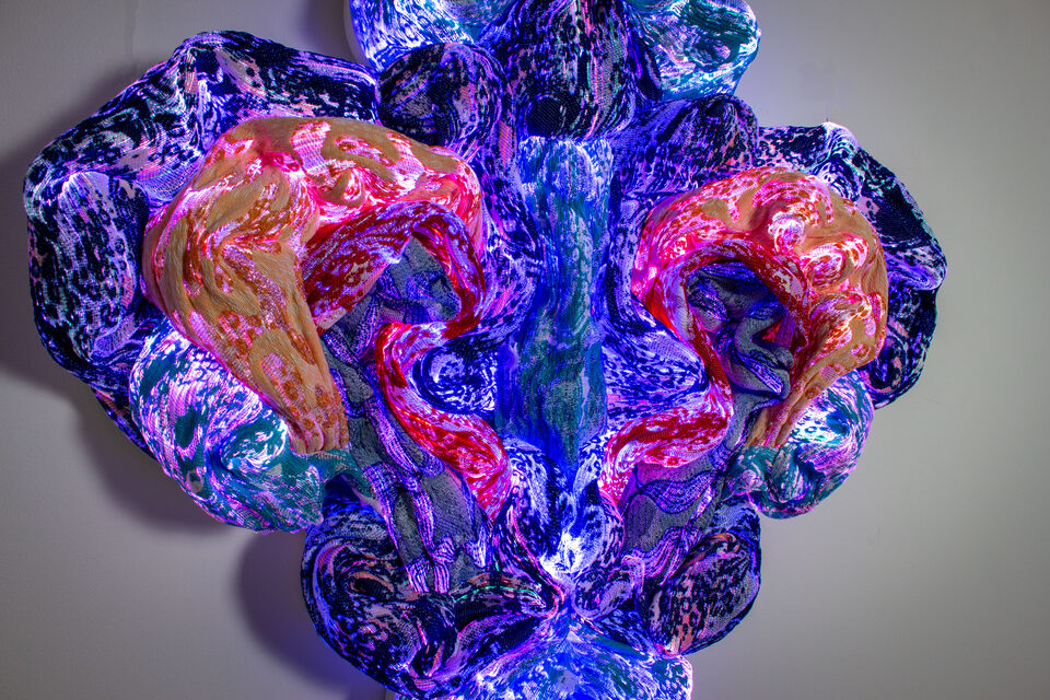 Close-up of the artwork Andetag no. 33, woven surface in optical fibre textile.