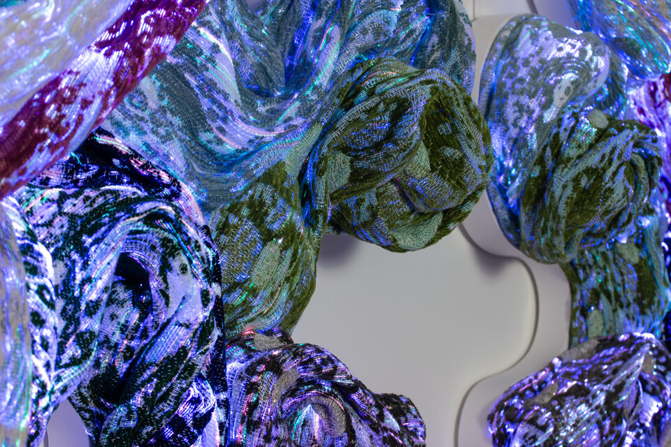 Close-up of the artwork Andetag no. 50, woven surface in optical fibre textile.