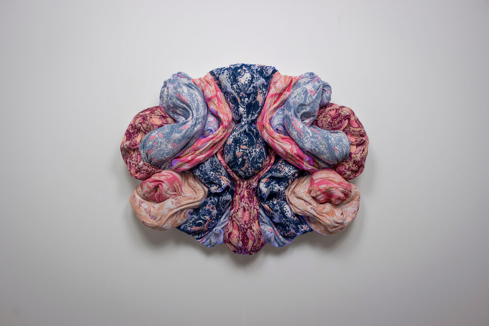 The artwork Andetag no. 8, textile sculpture in spotlight.