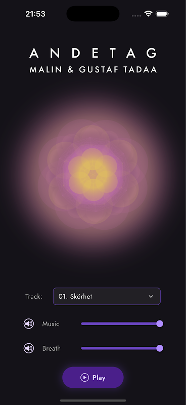 Phone screen showing the ANDETAG app, with a track list and separate music and breath controls.