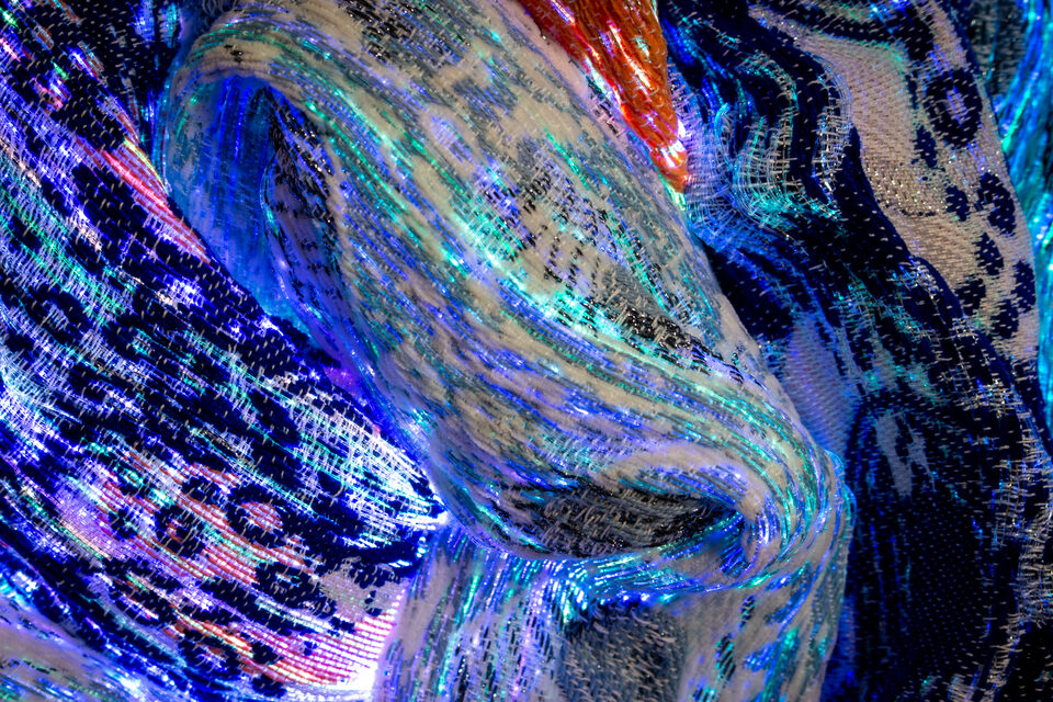 Detail shot of Sapphire's dense weave in deep blue and violet.