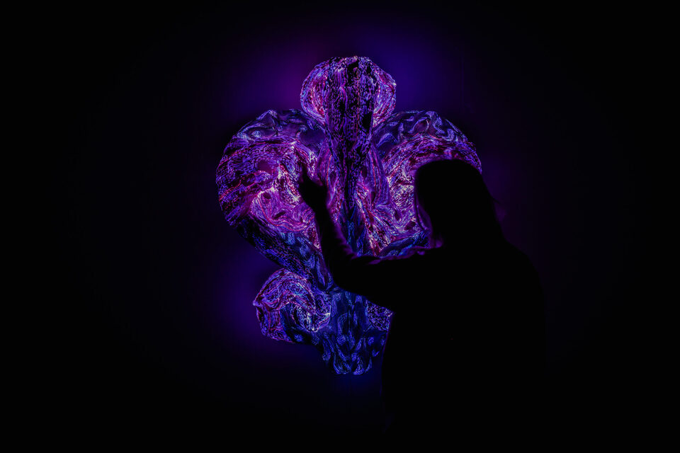 Visitor's silhouette beside Andetag no. 21, a glowing violet light sculpture at ANDETAG museum